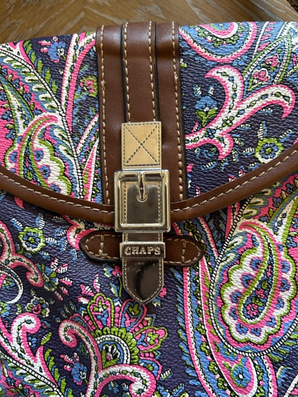 Chaps Brown Strap Paisley Crossbody with Pink, Blue & Green Accents - Picture 2 of 9